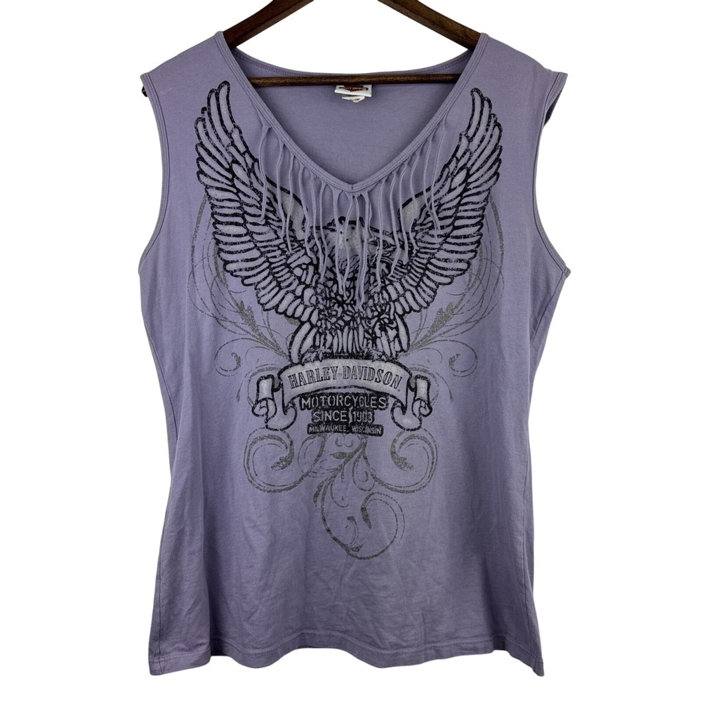 Vintage Harley Davidson Tank Top Women 2XL Purple Muscle Fringe USA 100% Cotton